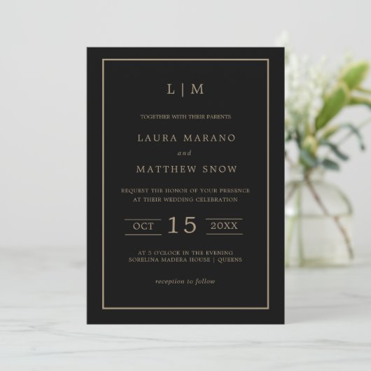 Invitation Monogramme noir et or simple Mariage moderne (Debout devant)