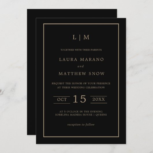 Invitation Monogramme noir et or simple Mariage moderne (Devant / Derrière)