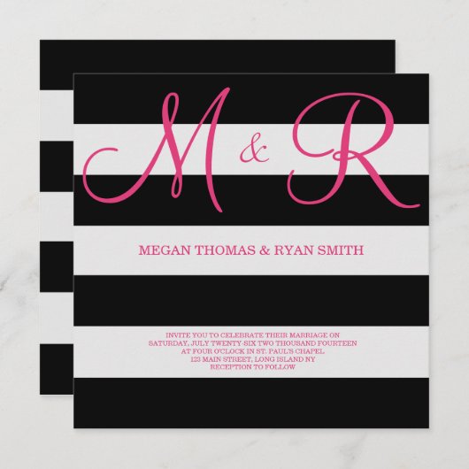 Invitation Monogramme noir et rose (Devant / Derrière)