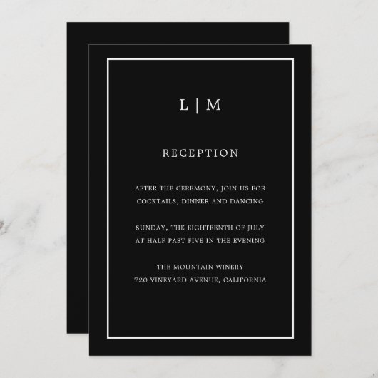 Invitation Monogramme noir minimal Mariage simple et élégant (Devant / Derrière)