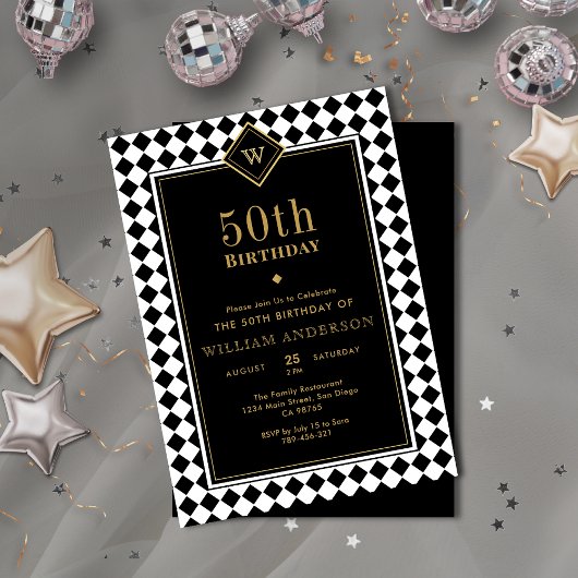 Invitation Monogramme Noir & Or Jalon âge Anniversaire