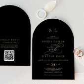 Invitation Monogramme noir or romantique QR Code Arch Mariage