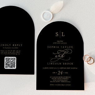 Invitation Monogramme noir or romantique QR Code Arch Mariage