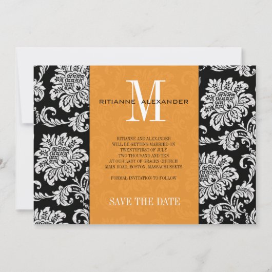 Invitation Monogramme noir orange Mariage damassé Enregistrer (Devant)