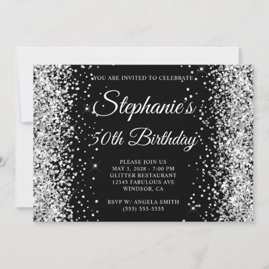 Invitation Monogramme Noir Paillettes Argent 50e Anniversaire (Devant)