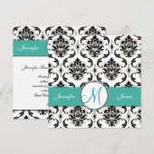 Invitation Monogramme noir turquoise de Damas (Devant / Derrière)