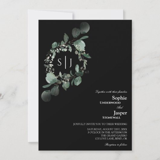 Invitation Monogramme noir vert moderne tout en un Mariage (Devant)