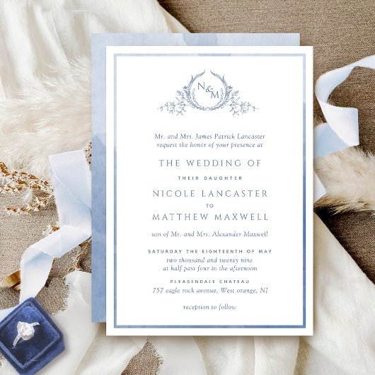 Invitation Monogramme officiel Dusty Blue Watercolor Mariage