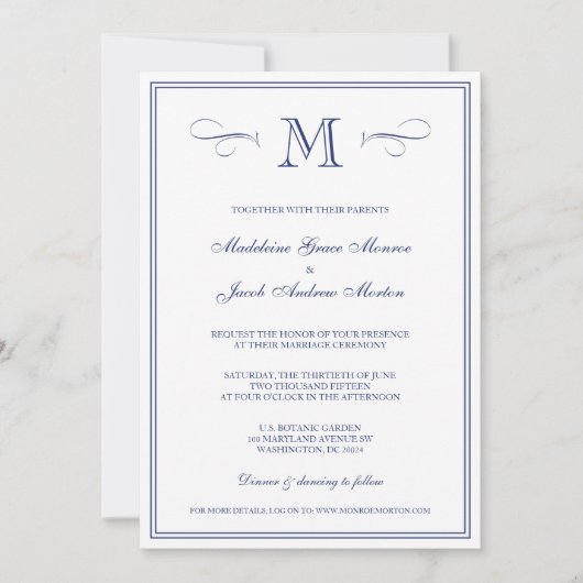 Invitation Monogramme officiel| Mariage bleu foncé (Devant)
