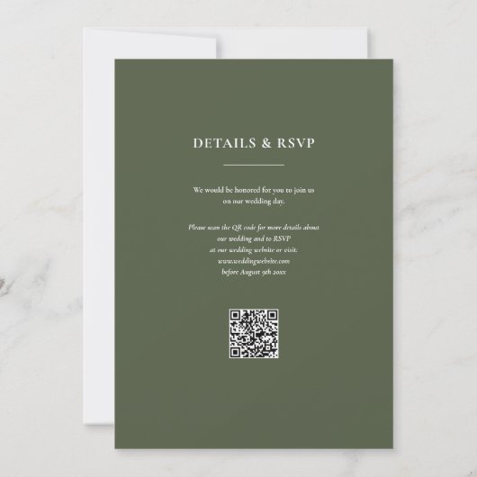 Invitation Monogramme Olive Green QR Code Mariage (Dos)