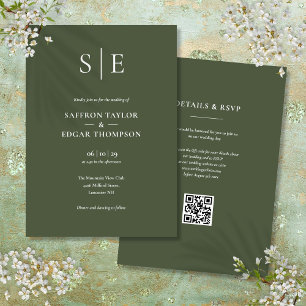 Invitation Monogramme Olive Green QR Code Mariage