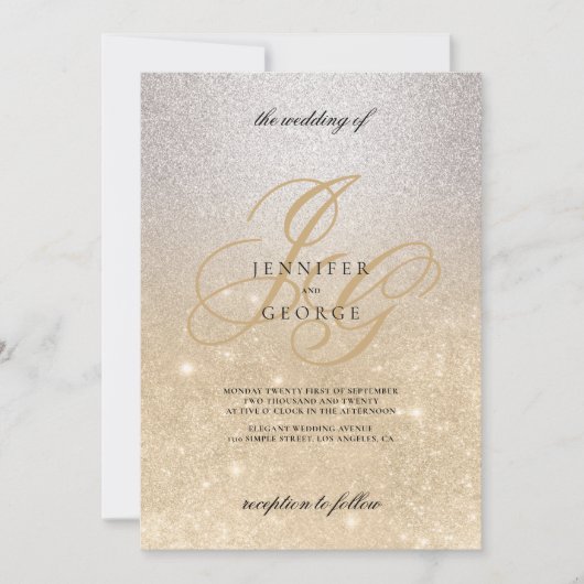Invitation Monogramme or argenté initial ombre parties scinti (Devant)