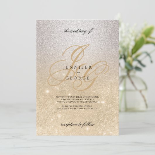 Invitation Monogramme or argenté initial ombre parties scinti (Debout devant)