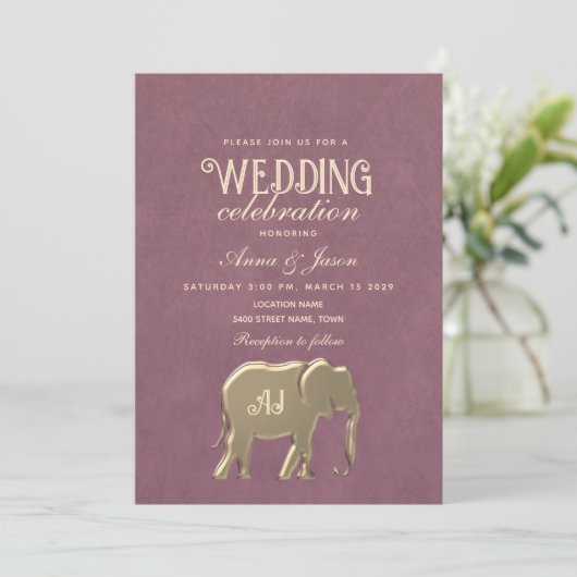 Invitation Monogramme or Mariage violet (Debout devant)