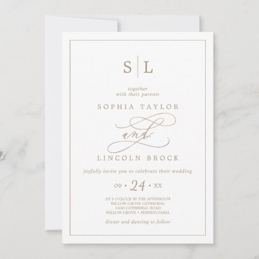 Invitation Monogramme or romantique Mariage double face (Devant)