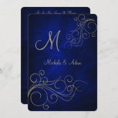Invitation Monogramme or Royal Blue Elegant Swirl (Devant / Derrière)