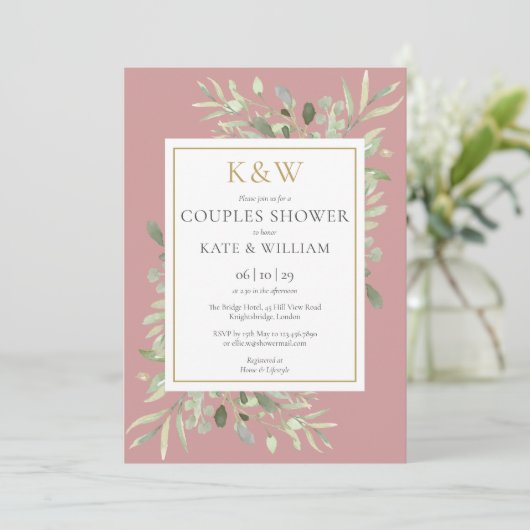 Invitation Monogramme Or Verdure Dusty Rose Couples Douche (Debout devant)