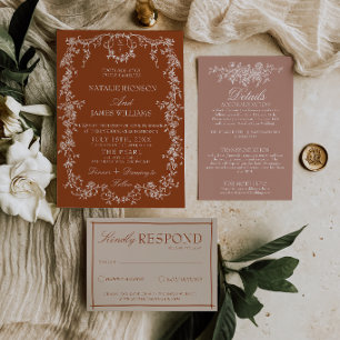 Invitation Monogramme Orange Brûlé Floral Terracotta Mariage