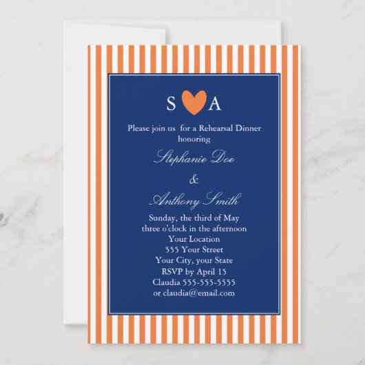 Invitation Monogramme Orange et Blancs avec Royal Blue (Devant)