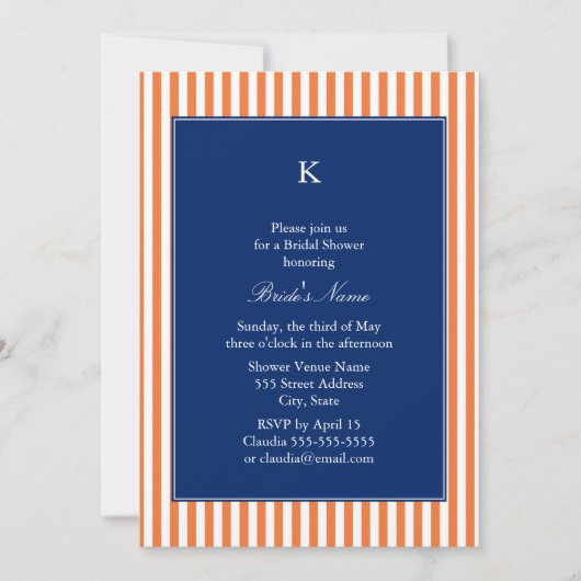 Invitation Monogramme Orange et Blancs avec Royal Blue (Devant)