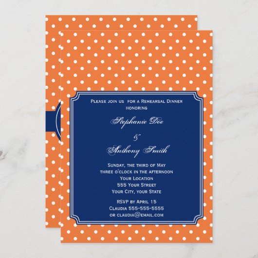 Invitation Monogramme Orange, Pointe blanche Polka avec Bleu (Devant / Derrière)