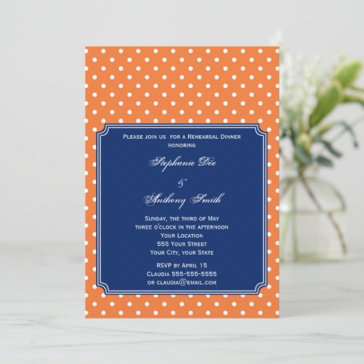 Invitation Monogramme Orange, Points Blancs avec du Bleu Roya (Debout devant)
