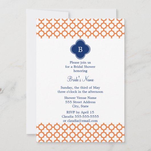Invitation Monogramme Orange, Royal Blue Quatrefoil Bridal (Devant)
