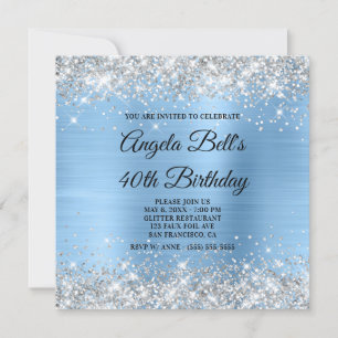 Invitation Monogramme Pailleté Argent Clair Bleu Pailleté Feu