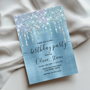 Invitation Monogramme pailleté chic bleu aqua givré