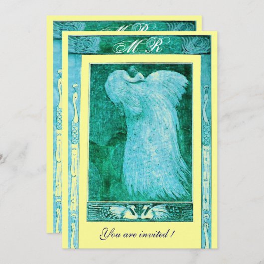 Invitation MONOGRAMME PAON AMOUR MARIAGE , bleu blanc jaune (Devant / Derrière)