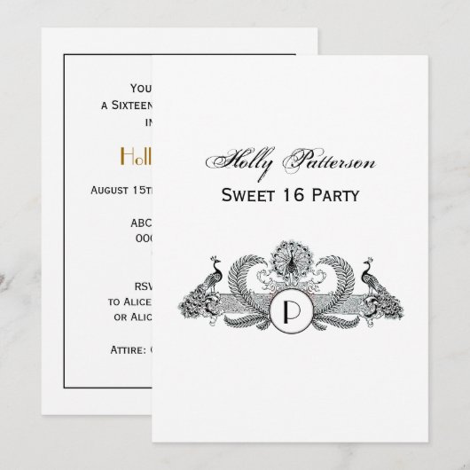 Invitation Monogramme Paons Vintage (Devant / Derrière)