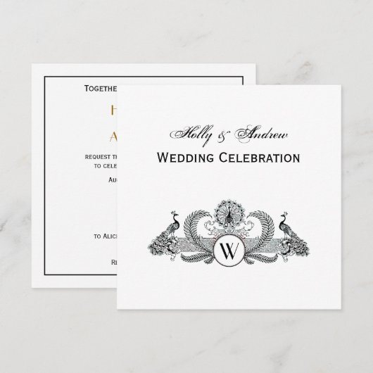 Invitation Monogramme Paons Vintage (Devant / Derrière)
