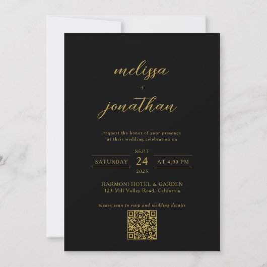 Invitation Monogramme photo Black & Gold moderne Code QR Mari (Devant)