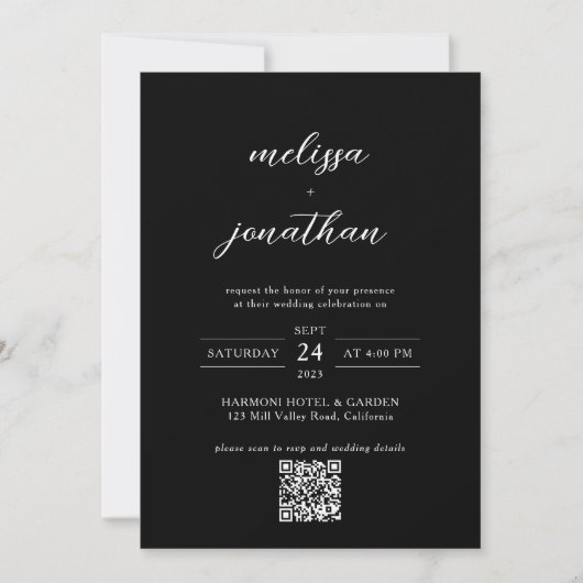 Invitation Monogramme photo de script noir moderne Code QR Ma (Devant)