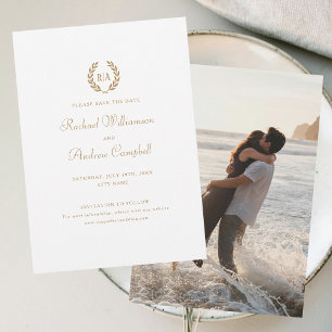 Invitation Monogramme photo Enregistrer la date Mariage or bl