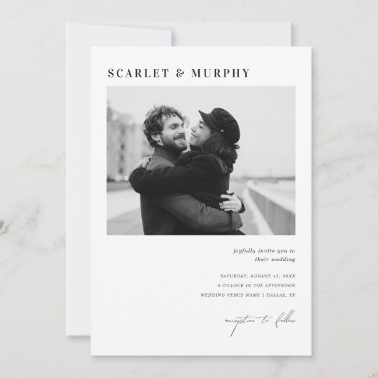 Invitation Monogramme photo noir simple et Mariage de script (Devant)