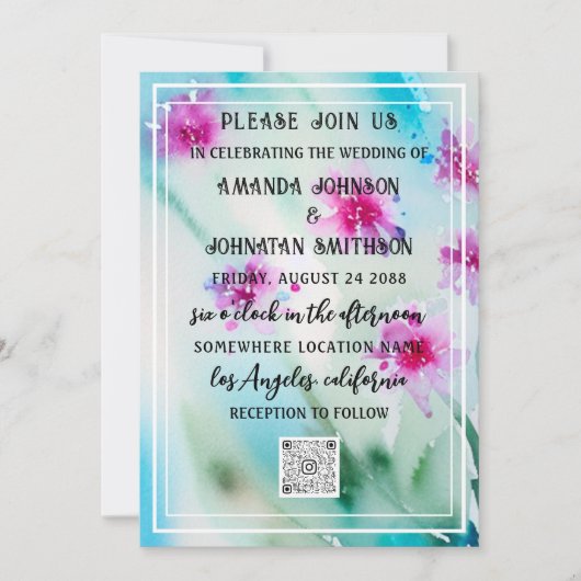Invitation Monogramme photo personnalisée QR Code bleu rose M (Devant)