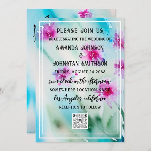 Invitation Monogramme photo personnalisée QR Code bleu rose M (Devant / Derrière)