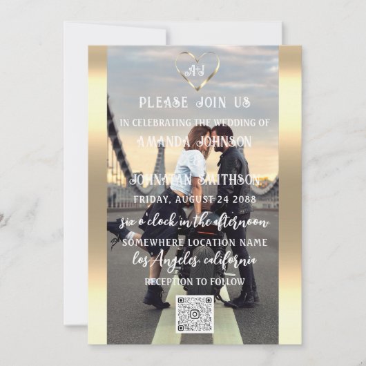 Invitation Monogramme photo personnalisée QR Code Gold Grey (Devant)