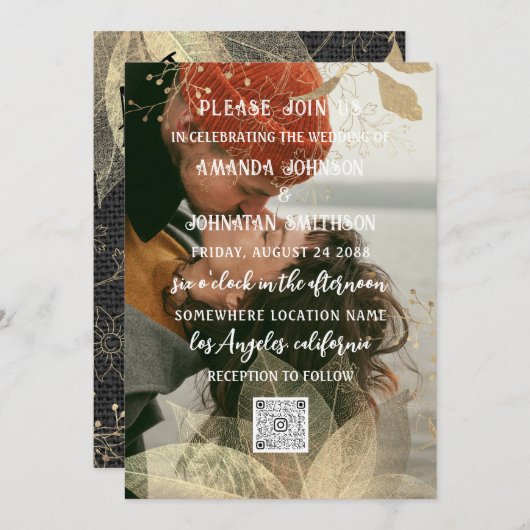 Invitation Monogramme Photo personnalisée QR Code Golden Line (Devant / Derrière)