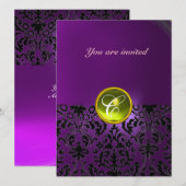 Invitation MONOGRAMME PIERRE GEMME DAMASK jaune violet (Devant / Derrière)