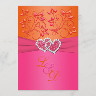 Invitation Monogramme Pink, Orange Floral Coeurs rejoints Inv