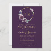 Invitation Monogramme Purple Floral Wreath QR Code Mariage (Devant)