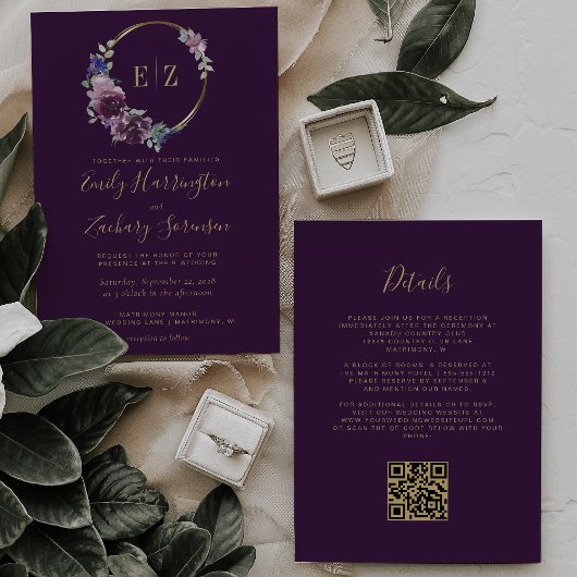 Invitation Monogramme Purple Floral Wreath QR Code Mariage