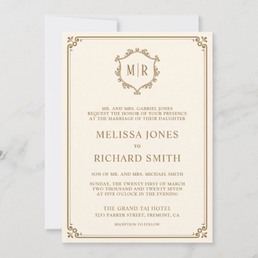 Invitation Monogramme QR Code Photo Collage Cream Gold Mariag (Devant)