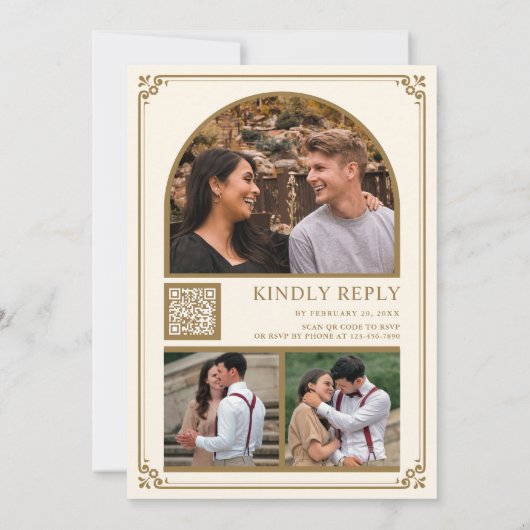 Invitation Monogramme QR Code Photo Collage Cream Gold Mariag (Dos)