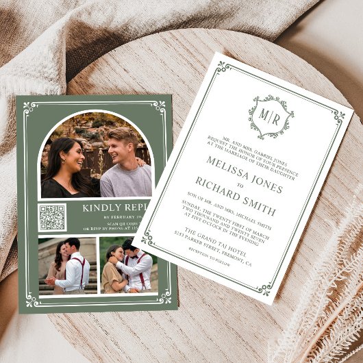 Invitation Monogramme QR Code photo Collage Sage Mariage vert