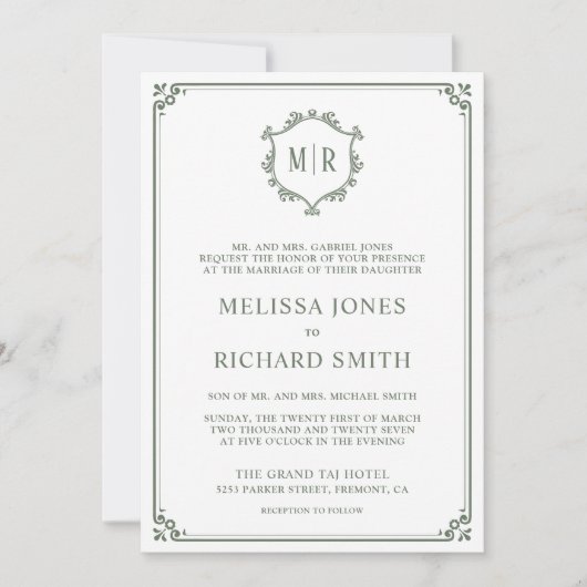 Invitation Monogramme QR Code photo Collage Sage Mariage vert (Devant)