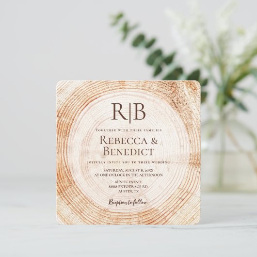 Invitation Monogramme QR Code Site Web Bark Rustique Mariage (Debout devant)