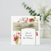 Invitation MONOGRAMME ROMANTİCA / POPIES, rouge, vert, blanc (Debout devant)